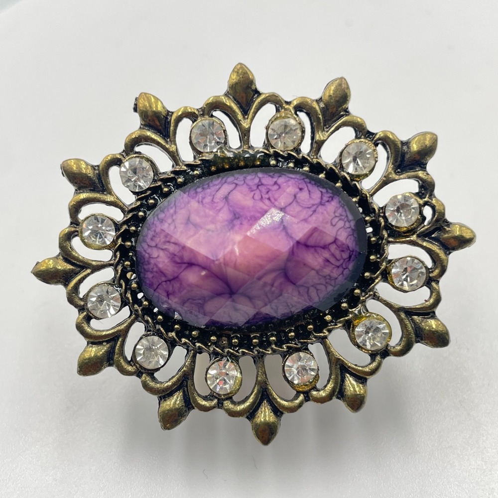 Vintage Purple Faux Agate Statement Ring Antique Gold Tone Rhinestone Stretch